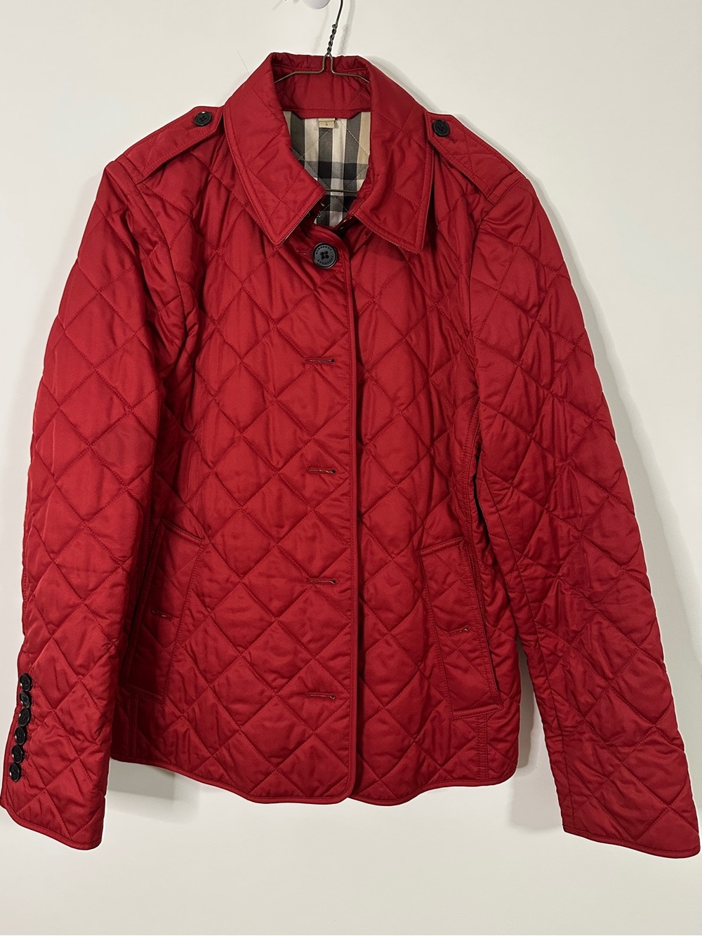 Burberry Red Diamond Quilted Jacket House Check Lining Large L